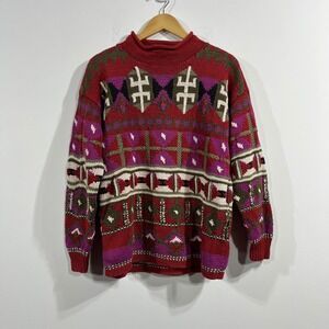 VTG Segrets Folk Roll Neck Hand Knitted Chunky Sweater‎ Womens Large Cottagecore